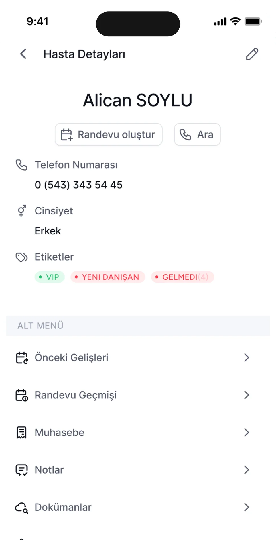 Hasta kartı: telefon, cinsiyet, etiketler ve geçmişe giden alt menü.