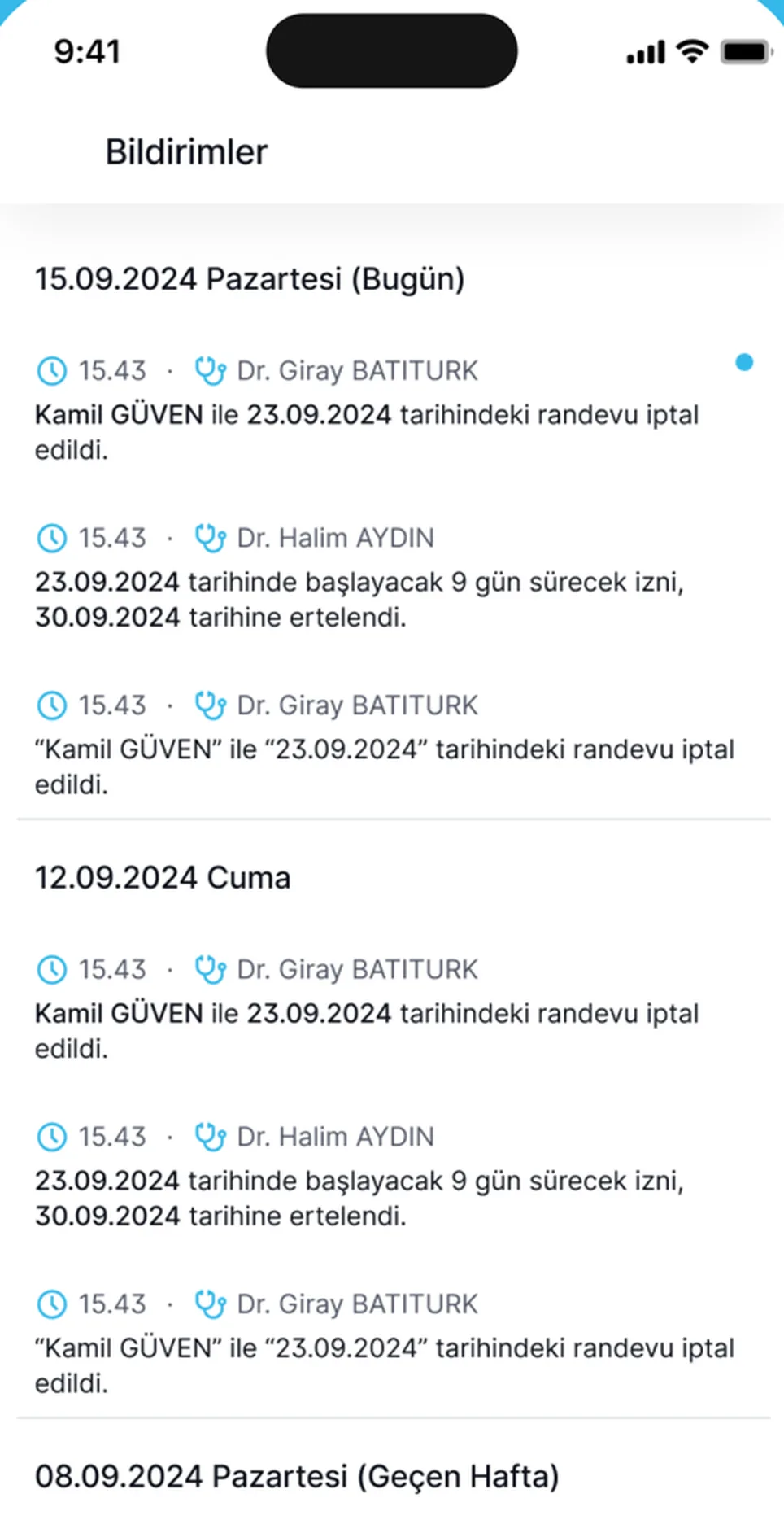 Bildirimler ekranı: iptal ve izin değişiklikleri tarihiyle birlikte.