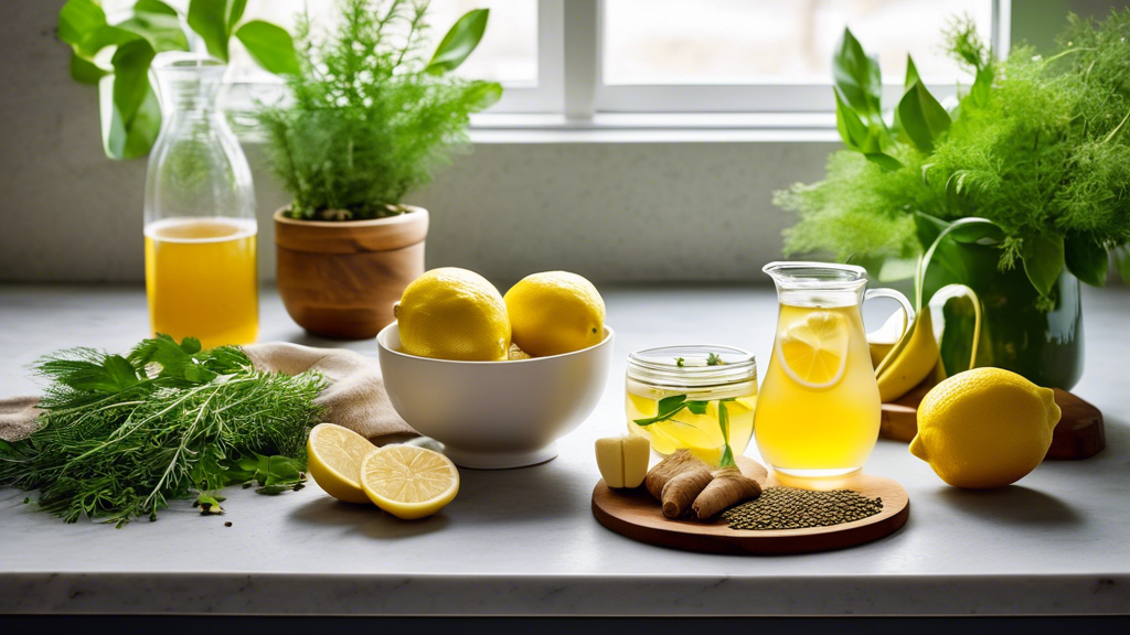 Mide bulantısı için doğal ilaçlar. Limon, zencefil, otlar, bitki çayı ve yapraklı yeşillikler mutfak tezgahında sergileniyor.